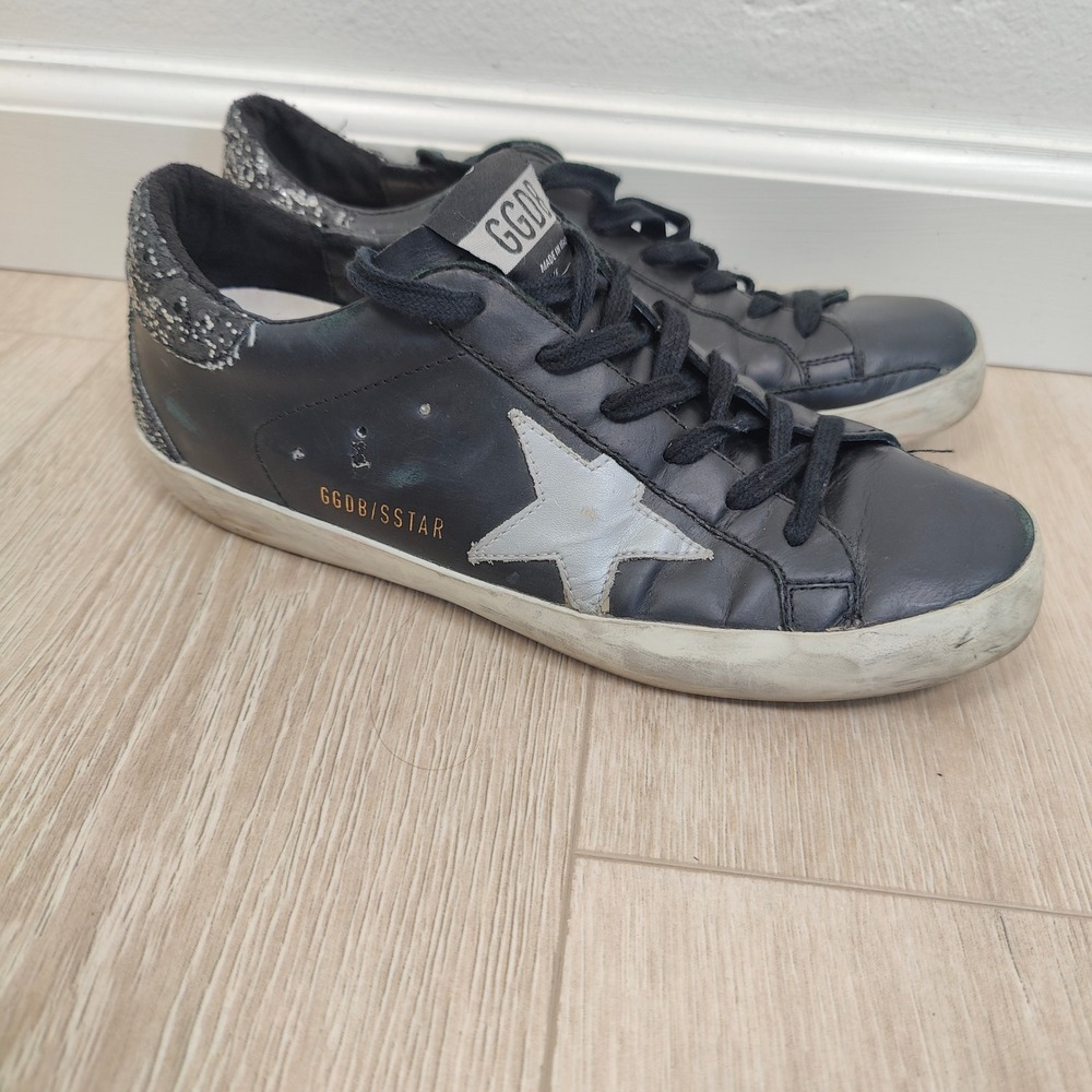Golden Goose Superstar Sneakers Women 39 9 Black Leather Glitter Star Distressed - Picture 2 of 12